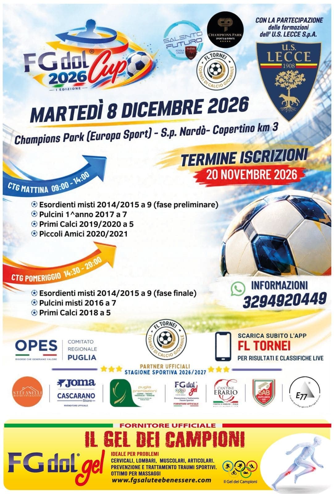 Locandina della FG dol Cup 2026, prima edizione: martedì 8 dicembre 2026 al Champions Park di Nardò con le formazioni dell’U.S. Lecce